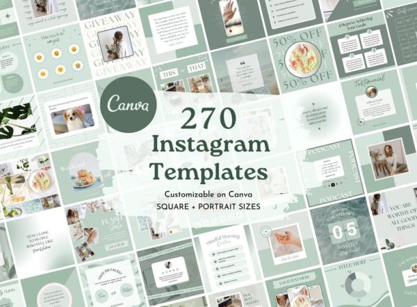 270 Instagram Templates – Green, Blue & Minimal Aesthetic | Summer Social Media Canva Templates for Engagement