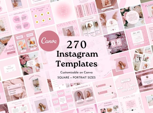 270 Pink Instagram Canva Templates – Boho Aesthetic Post & Story Bundle for Engagement and Social Media Growth