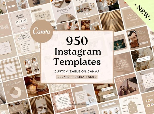 950 Canva Instagram Templates – Neutral Beige & Brown Aesthetic | Editable Portrait Posts, Carousels & Engagement Boosters